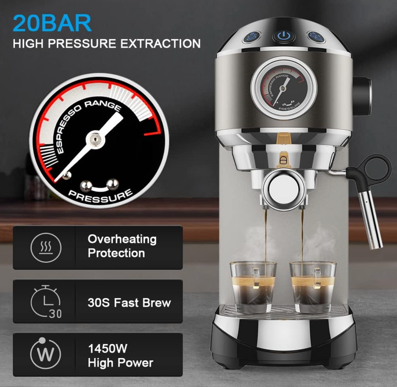 20 Bar Semi-Automatic Espresso Machine with Milk Frother – Espresso, Cappuccino & Latte