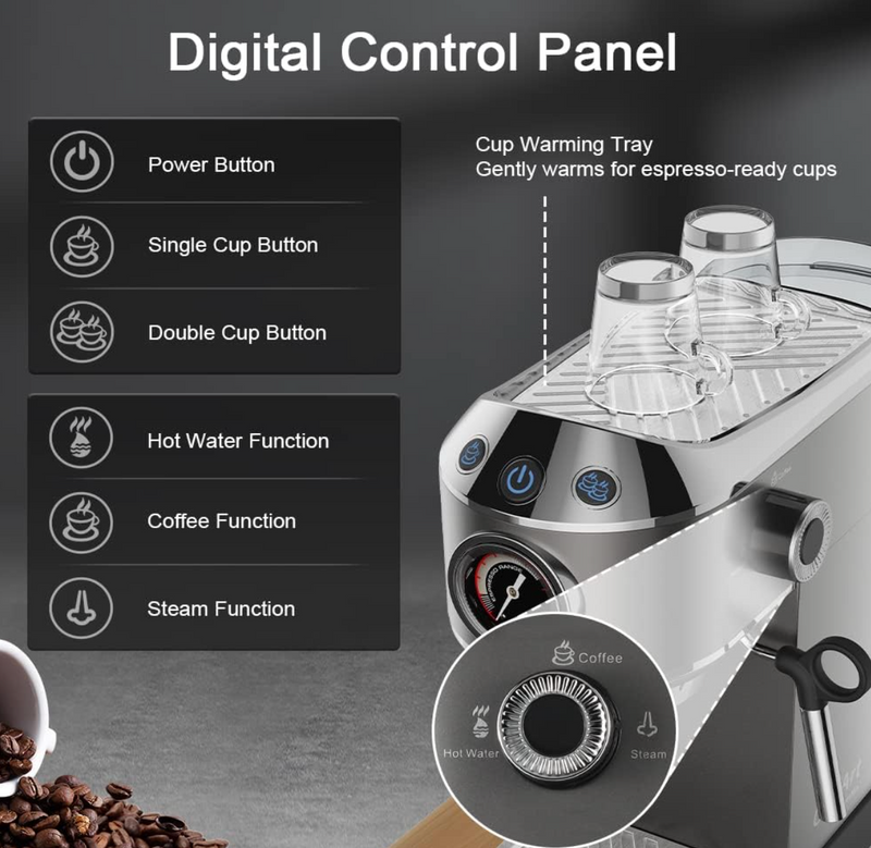 20 Bar Semi-Automatic Espresso Machine with Milk Frother – Espresso, Cappuccino & Latte