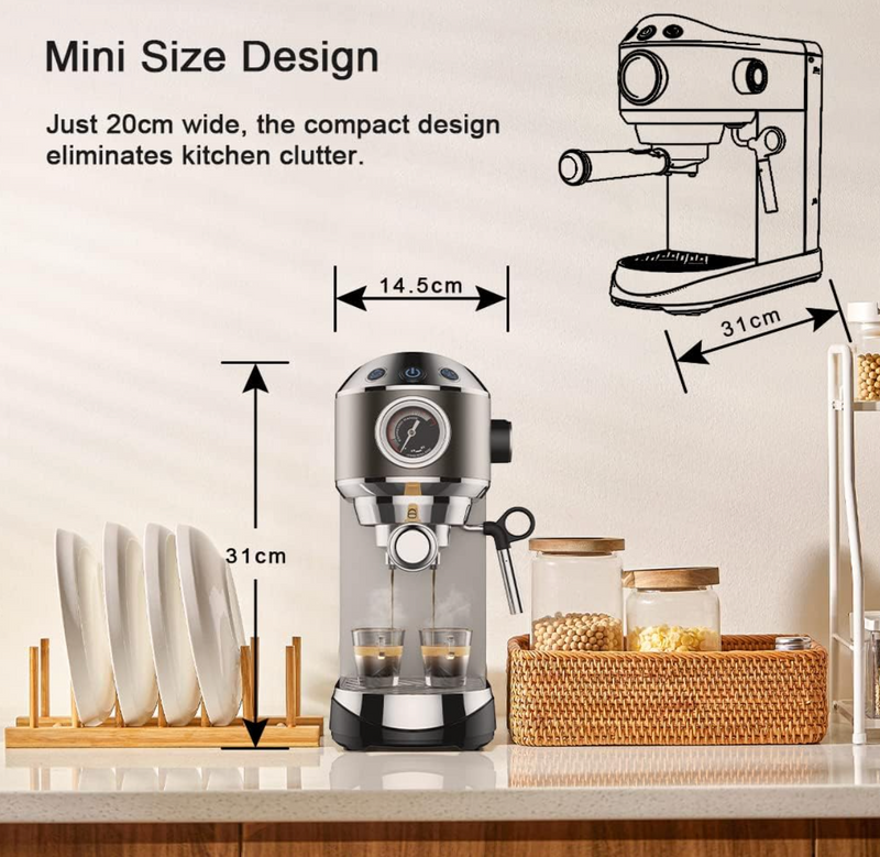 20 Bar Semi-Automatic Espresso Machine with Milk Frother – Espresso, Cappuccino & Latte