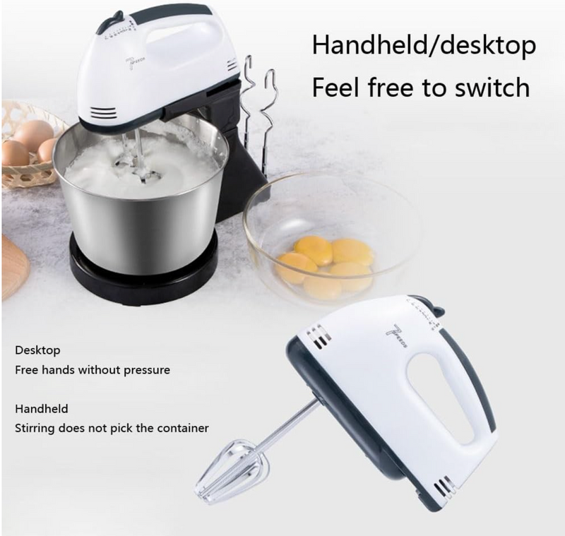 7-Speed Electric Stand Mixer with 2L Rotating Bowl – Detachable 2-in-1 Hand Mixer with Dough Hooks & Whisk Beaters – Turbo Function