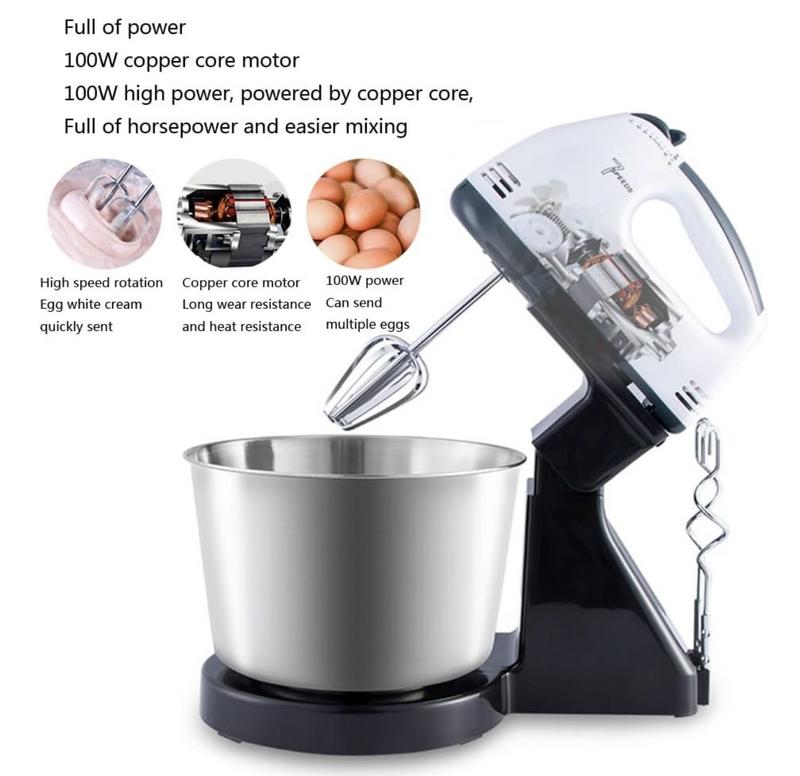 7-Speed Electric Stand Mixer with 2L Rotating Bowl – Detachable 2-in-1 Hand Mixer with Dough Hooks & Whisk Beaters – Turbo Function
