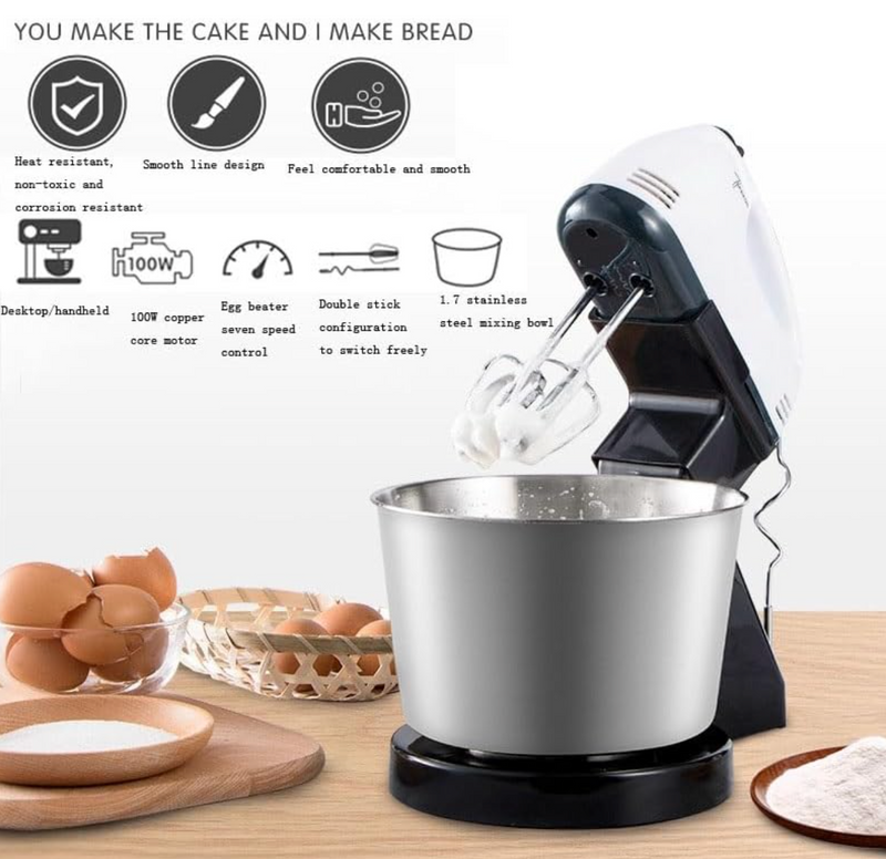 7-Speed Electric Stand Mixer with 2L Rotating Bowl – Detachable 2-in-1 Hand Mixer with Dough Hooks & Whisk Beaters – Turbo Function