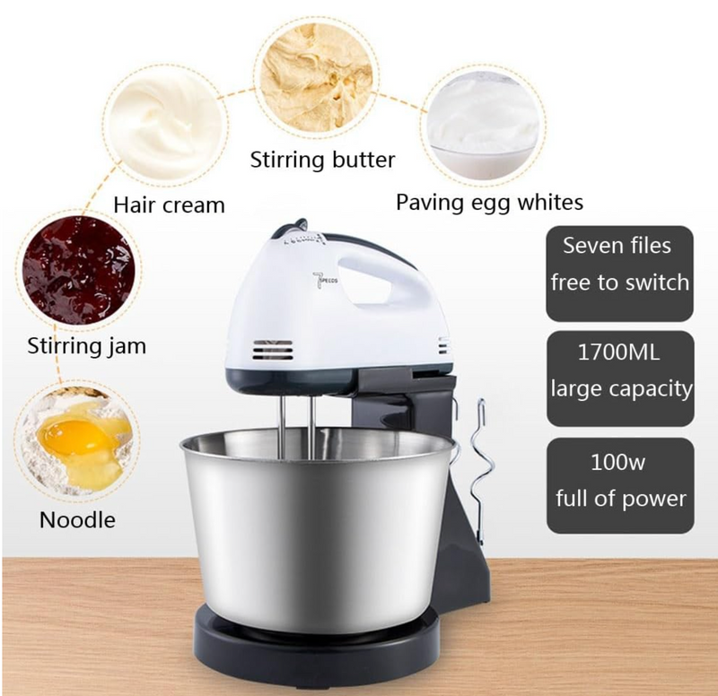 7-Speed Electric Stand Mixer with 2L Rotating Bowl – Detachable 2-in-1 Hand Mixer with Dough Hooks & Whisk Beaters – Turbo Function
