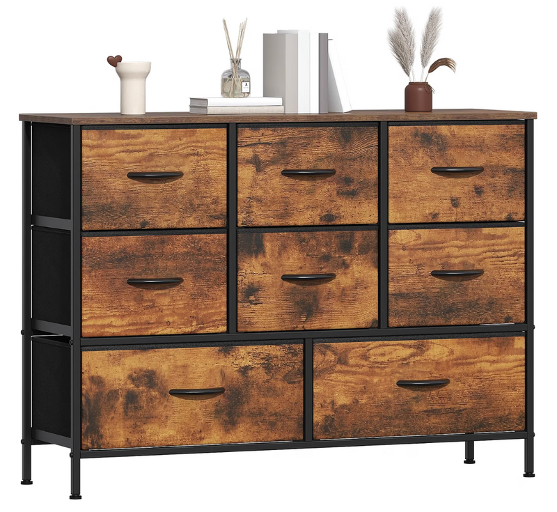 Industrial 8-Drawer Fabric Storage Chest – Rustic Brown Wood Effect & Black Metal Frame, 2 Large & 6 Medium Drawers