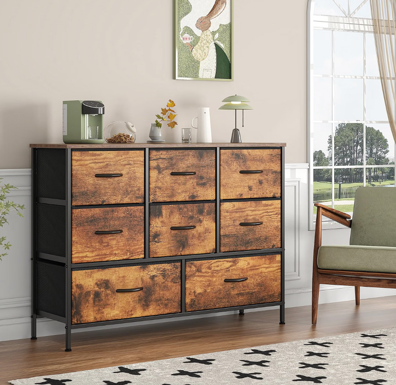 Industrial 8-Drawer Fabric Storage Chest – Rustic Brown Wood Effect & Black Metal Frame, 2 Large & 6 Medium Drawers
