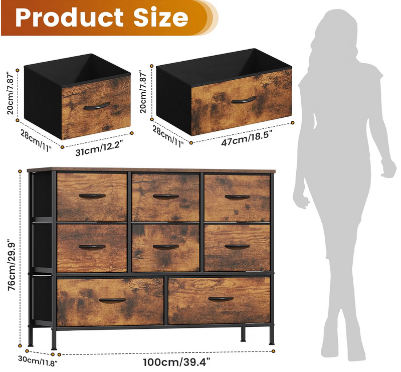 Industrial 8-Drawer Fabric Storage Chest – Rustic Brown Wood Effect & Black Metal Frame, 2 Large & 6 Medium Drawers