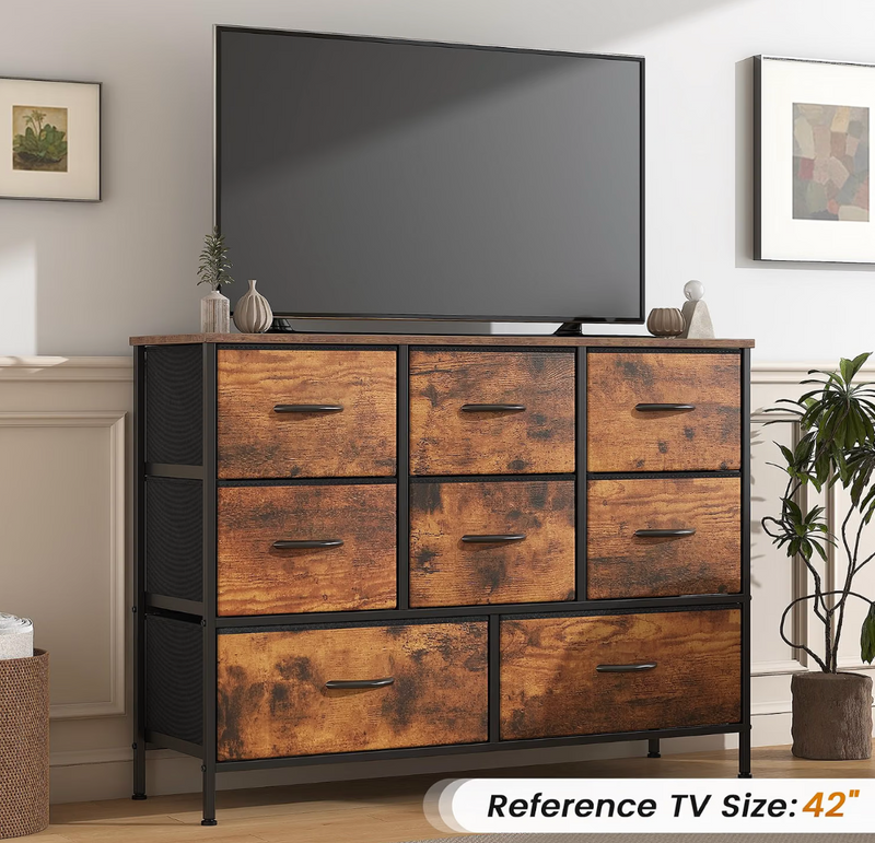 Industrial 8-Drawer Fabric Storage Chest – Rustic Brown Wood Effect & Black Metal Frame, 2 Large & 6 Medium Drawers