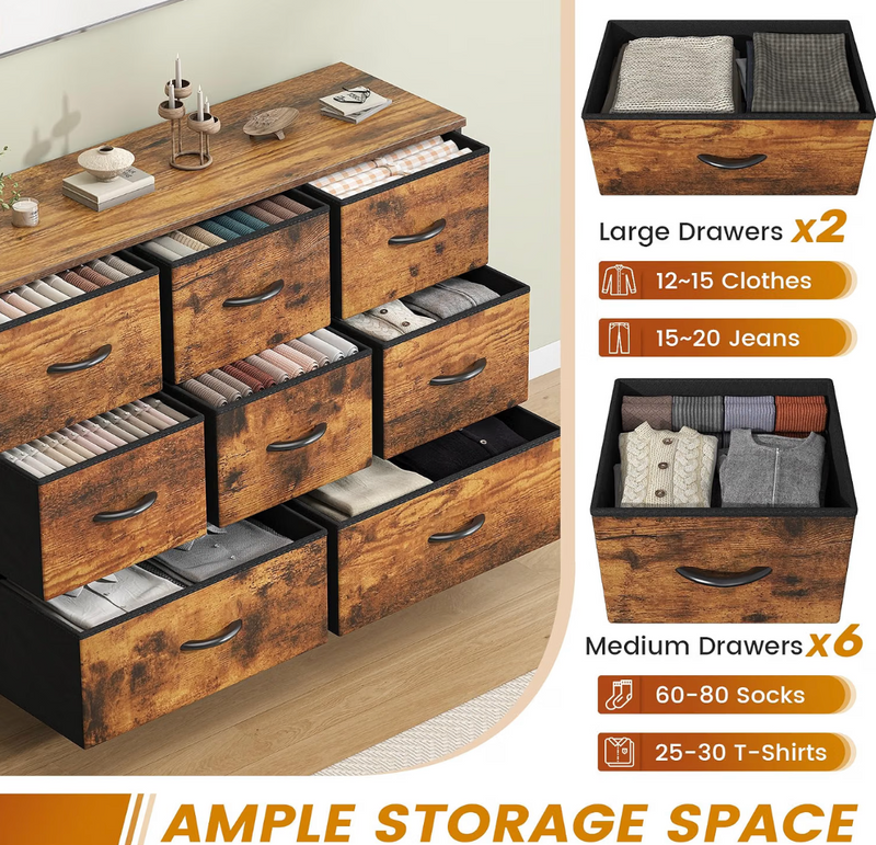Industrial 8-Drawer Fabric Storage Chest – Rustic Brown Wood Effect & Black Metal Frame, 2 Large & 6 Medium Drawers