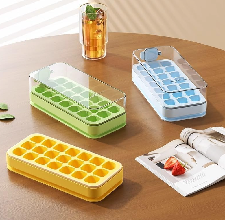 1-Piece Ice Cube Tray Set with Lid & Bin, Easy Release Silicone Mould for Whiskey & Drinks (m-Green)