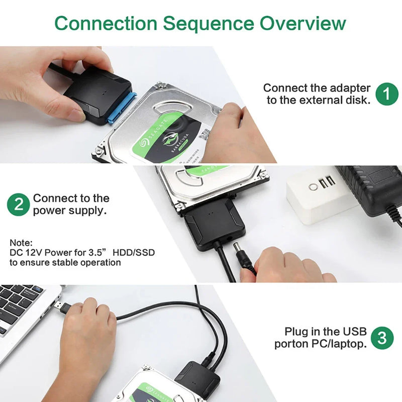 USB 3.0 to SATA Cable SATA III Hard Drive Adapter Converter for 2.5" 3.5" SSD HDD Hard Drive Disk with 12V/2A Power Adapter