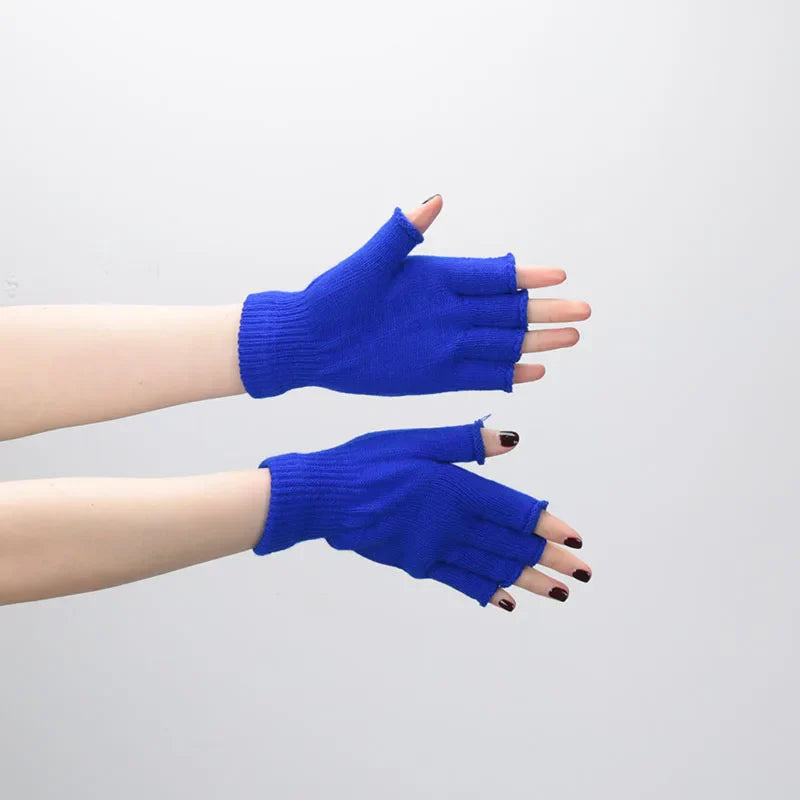 1pair Black Short Half Finger Fingerless Knit Wrist Glove Winter Warm Stretch Work Gloves for Women and Men Cycling Accessories