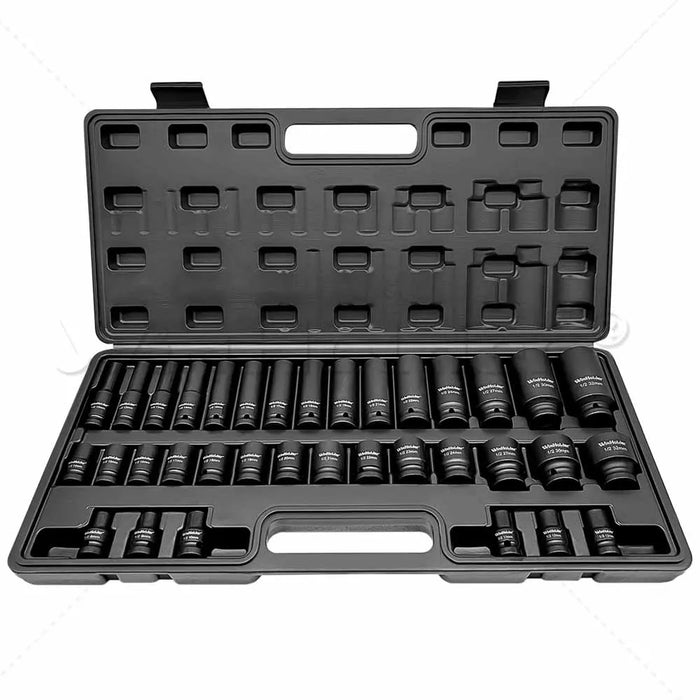 Professional 35Pcs 6 Point Wall Deep Impact Socket Set 1/2" Drive Long Reach Garage Metric 8-32MM with Carry Black Case