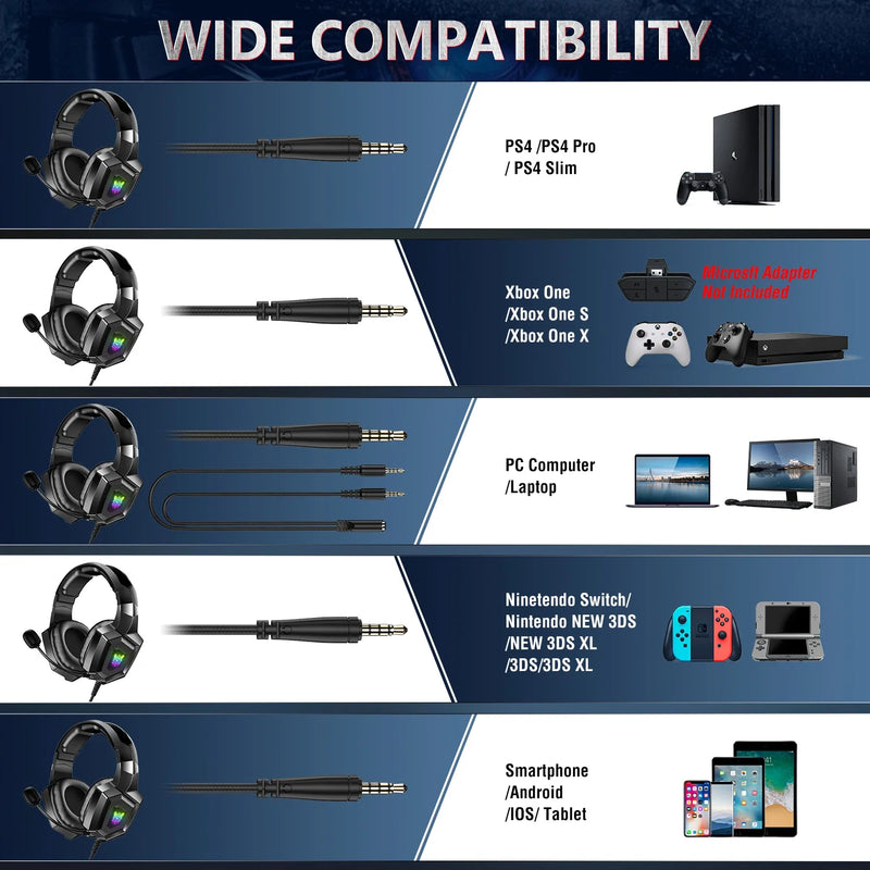 K8 Wired Gaming Headphones with Flexible HD Mic RGB Lighting Effect Over-Ear Wired Headset Gamer for PC Gaming Xbox
