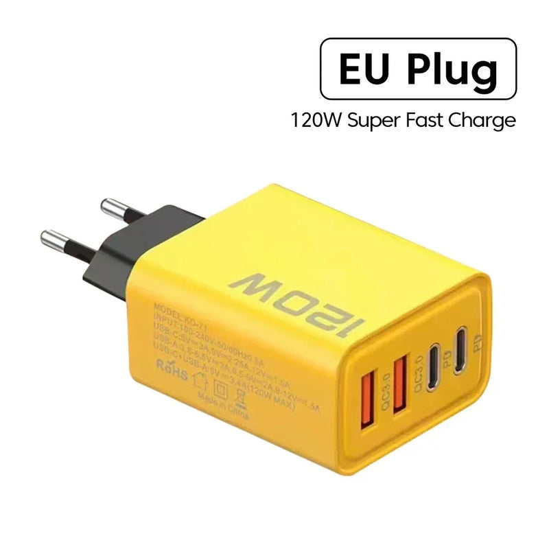 Quick Charge 3.0 Fast Charger Muti Total 120W 4 Port USB Type C PD Mobile Phone Wall Adapter for iPhone 16 Samsung S24 Xiaomi 15