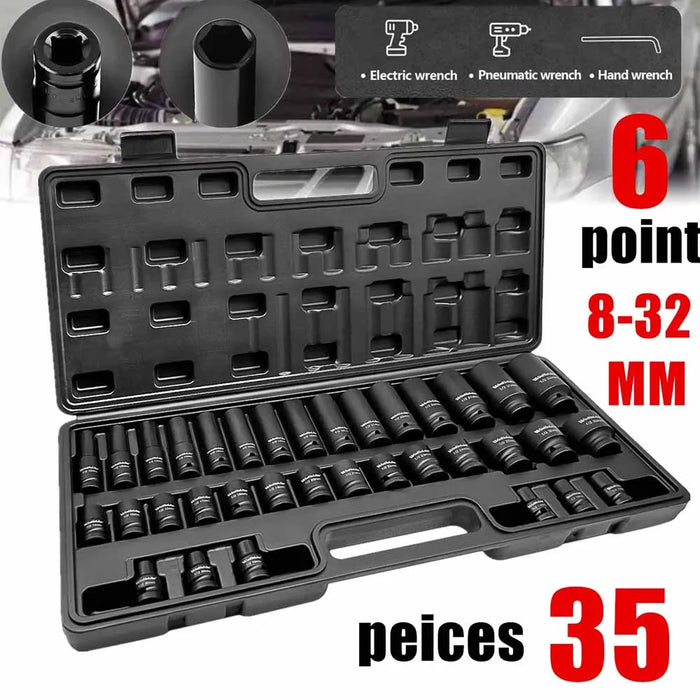 Professional 35Pcs 6 Point Wall Deep Impact Socket Set 1/2" Drive Long Reach Garage Metric 8-32MM with Carry Black Case