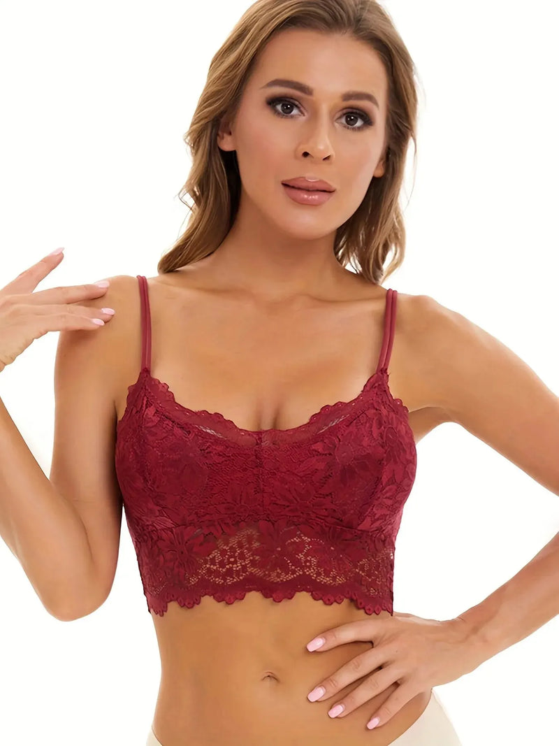 1 Piece Floral Lace Wireless Bras, Sexy Scallop Trim Double Straps Bra, Women's Lingerie & Underwear