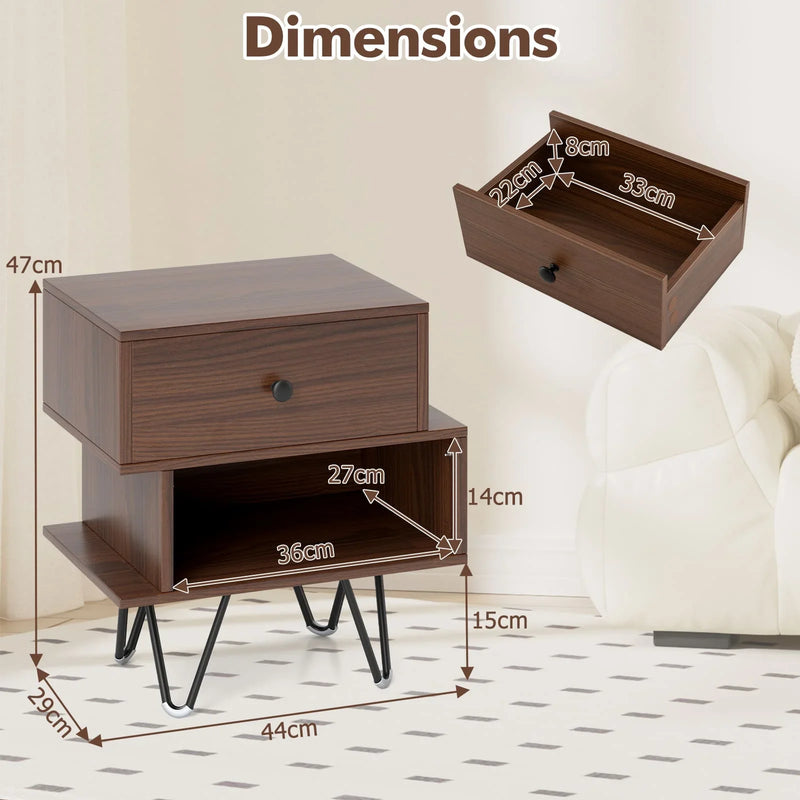 Bedside Table Set of 2 Mid Century Modern Nightstand Drawer Walnut Side Tables