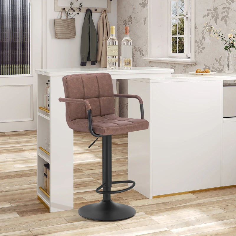 Set of 2 Padded Faux Leather Swivel Bar Stools - Height-Adjustable Backrest Arm