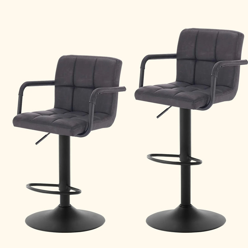 Set of 2 Padded Faux Leather Swivel Bar Stools - Height-Adjustable Backrest Arm