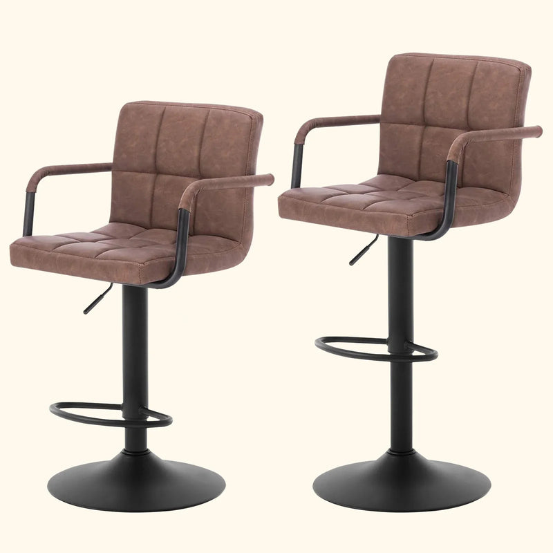 Set of 2 Padded Faux Leather Swivel Bar Stools - Height-Adjustable Backrest Arm