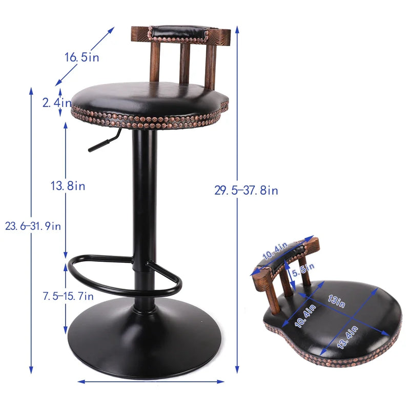 Set of 2 Retro Adjustable Round Leather Seat Bar Stools with Swivel & Footrest