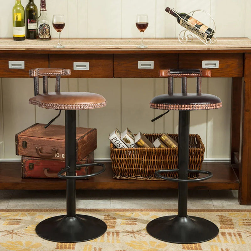 Set of 2 Retro Adjustable Round Leather Seat Bar Stools with Swivel & Footrest