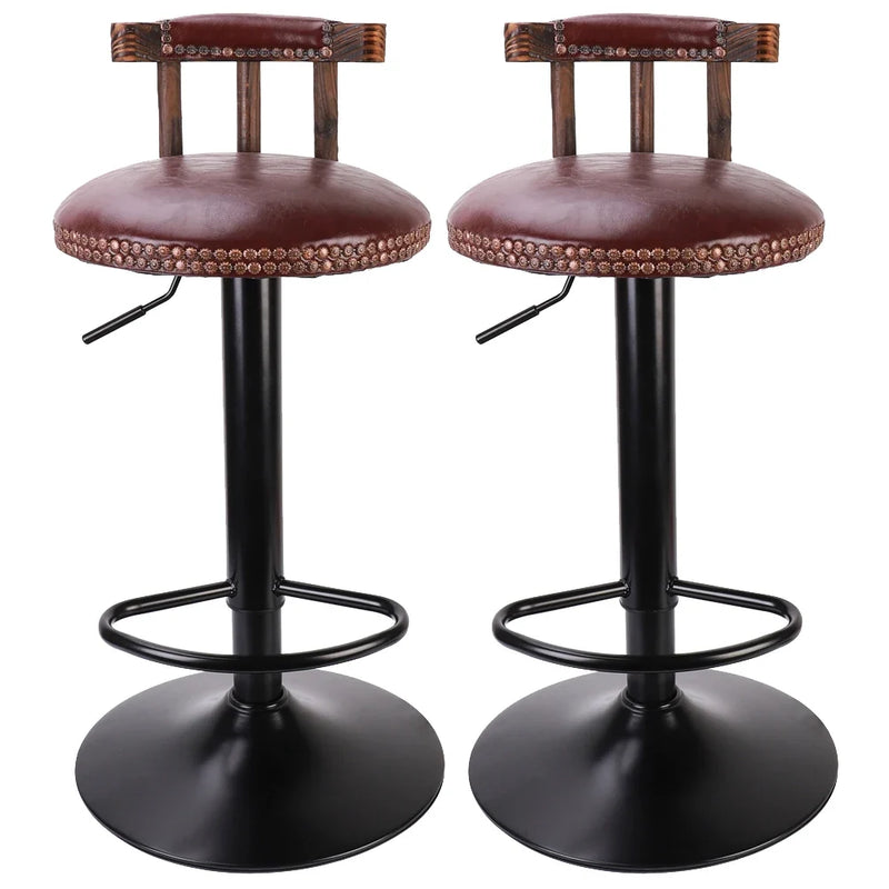 Set of 2 Retro Adjustable Round Leather Seat Bar Stools with Swivel & Footrest