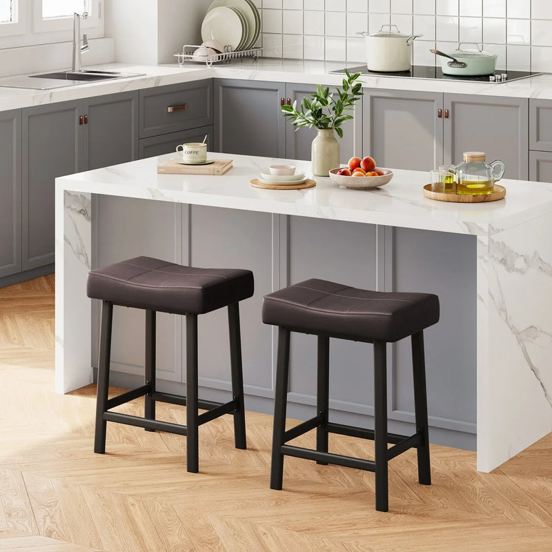 Bar Stools Set of 2 – Backless Saddle Counter Stool, Leather Kitchen Wide Chairs