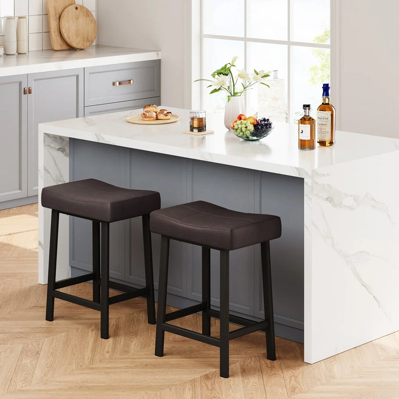 Bar Stools Set of 2 – Backless Saddle Counter Stool, Leather Kitchen Wide Chairs
