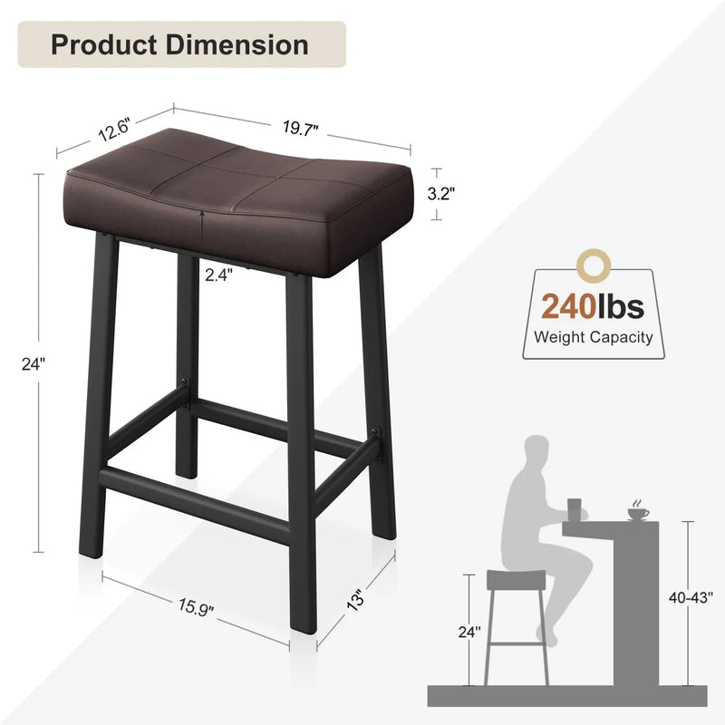 Bar Stools Set of 2 – Backless Saddle Counter Stool, Leather Kitchen Wide Chairs
