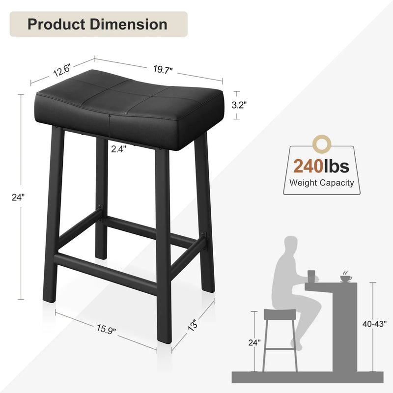 Bar Stools Set of 2 – Backless Saddle Counter Stool, Leather Kitchen Wide Chairs