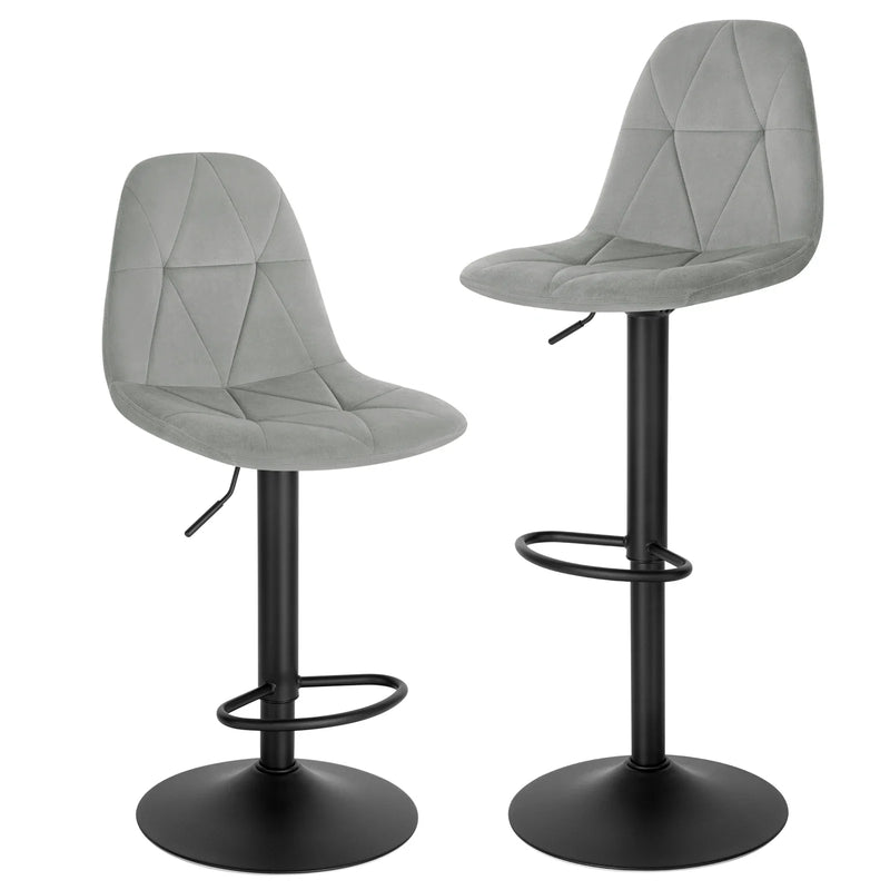 Set of 2 Height Adjustable Velvet Bar Stools - Swivel Counter Chairs Backrest
