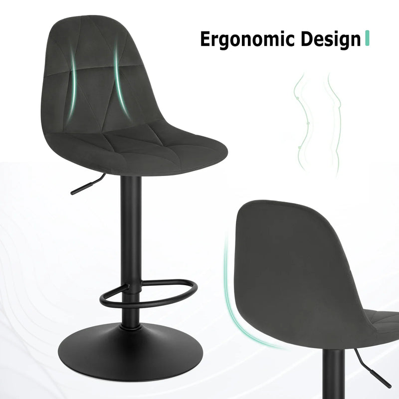 Set of 2 Height Adjustable Velvet Bar Stools - Swivel Counter Chairs Backrest