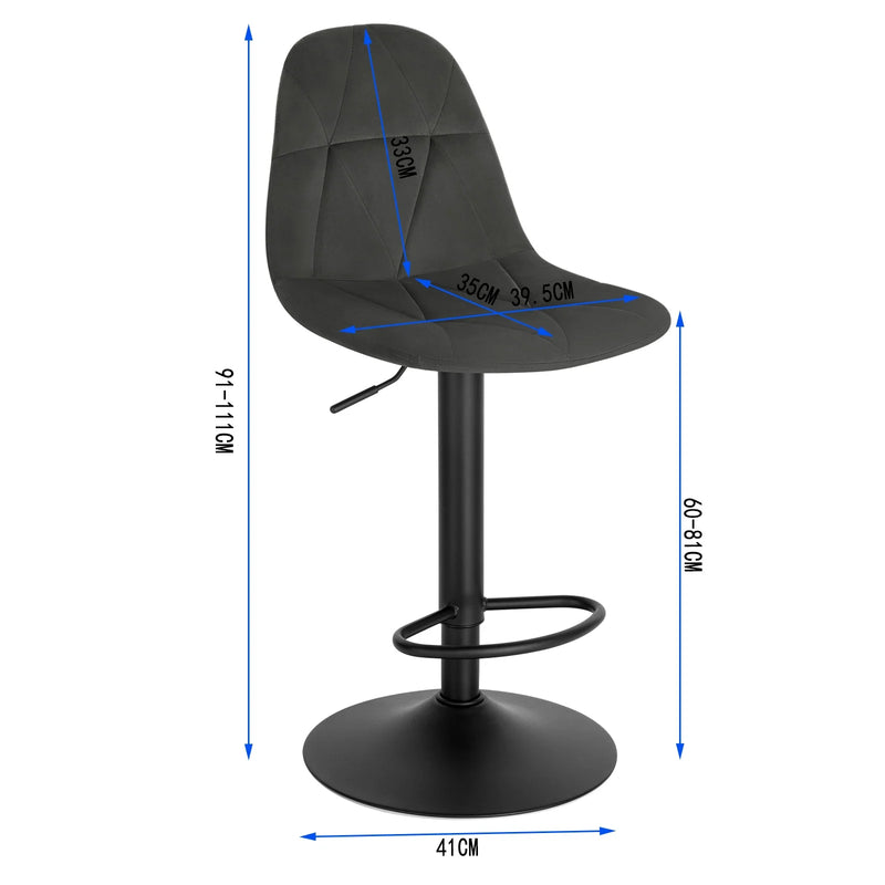 Set of 2 Height Adjustable Velvet Bar Stools - Swivel Counter Chairs Backrest