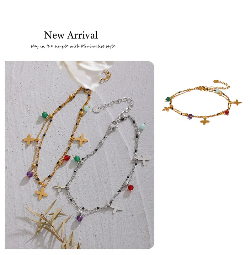 Yhpup Colorful Natural Stone Bead Flower Chain Stainless Steel Beach Anklet for Women Exquisite Summer Jewelry Bijoux Femme