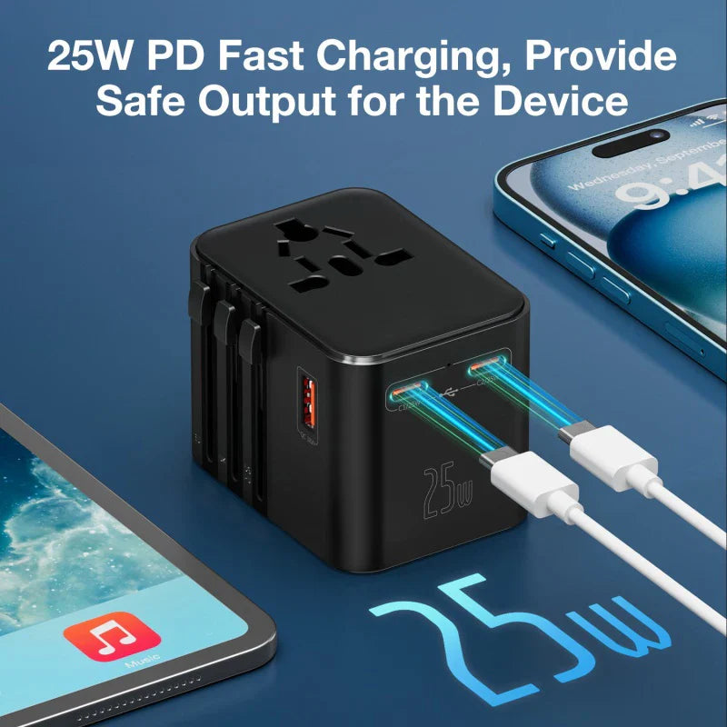 JINGMIN Universal Travel Adapter with 4 AC Outlets 1 USB Ports 2 Type-C PD 25W All-in-one Fast Power Charge On EU UK US AUS Plug