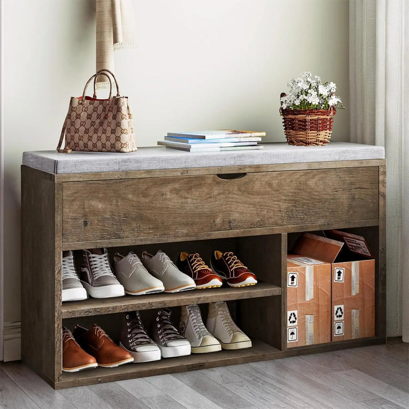 Shoe Storage Bench with Cushion - Padded Seat & Flip-Top Storage Organiser Rack