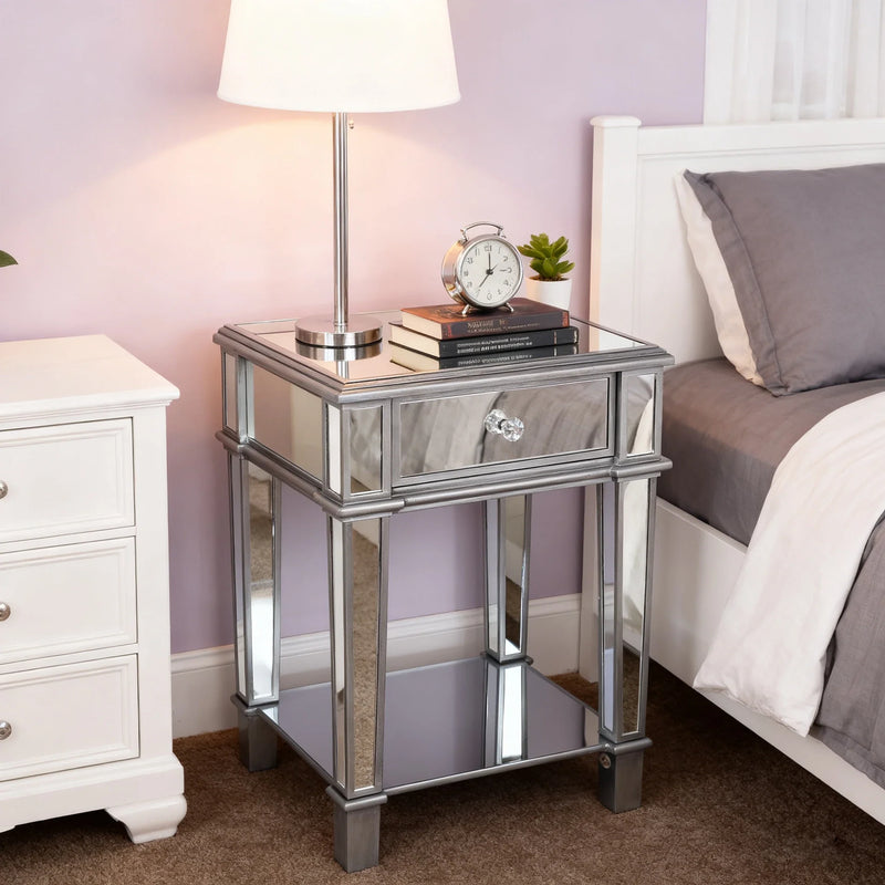 Silver Mirrored Nightstand End Side Table with Drawer – Bedside Cabinet Mirror
