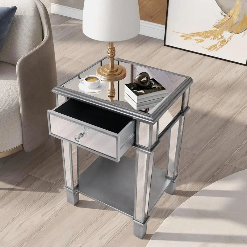 Silver Mirrored Nightstand End Side Table with Drawer – Bedside Cabinet Mirror