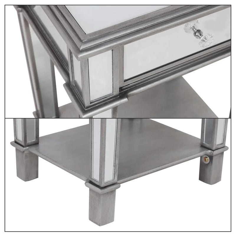 Silver Mirrored Nightstand End Side Table with Drawer – Bedside Cabinet Mirror