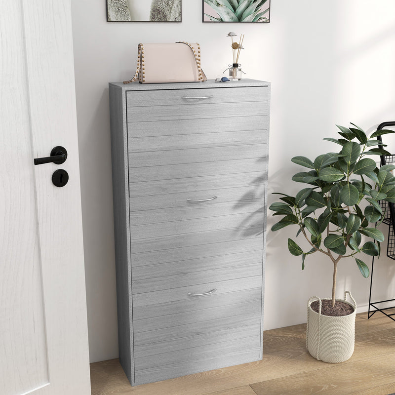 Slim Shoe Cabinet Grey Wood Effect 3 Flip Drawers 12 Pair Shoes Storage Rack