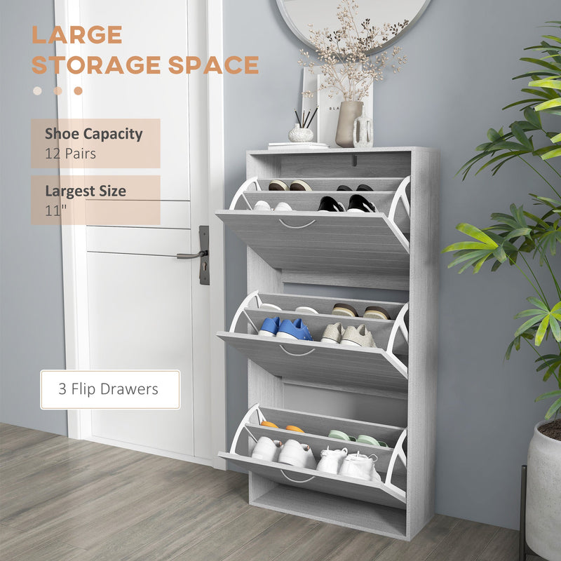 Slim Shoe Cabinet Grey Wood Effect 3 Flip Drawers 12 Pair Shoes Storage Rack