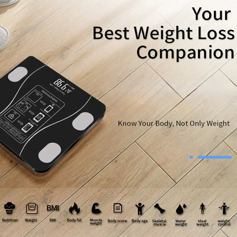 Smart Body Fat Scale - Black Glass Digital Bathroom Scales LED Display & App Tracking