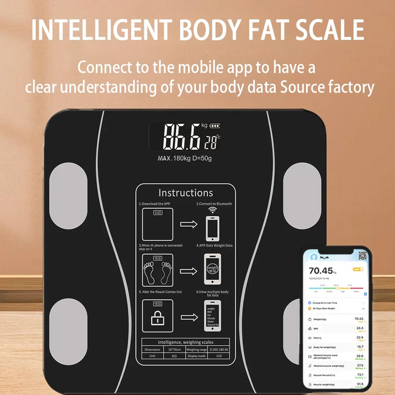 Smart Body Fat Scale - Black Glass Digital Bathroom Scales LED Display & App Tracking
