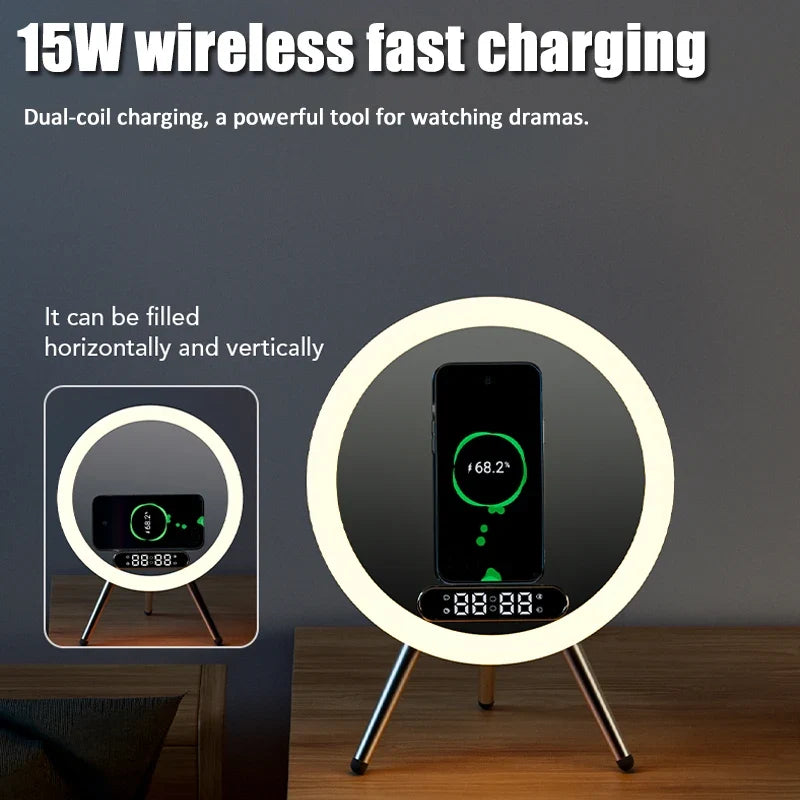 Smart Bluetooth Speaker Mirror Alarm Clock LED Night Light Wireless Charger