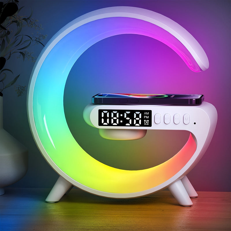 Smart Table Lamp with Wireless Charging, Bluetooth Speaker, Alarm Clock & Night Light Bedroom Atmosphere Lamp