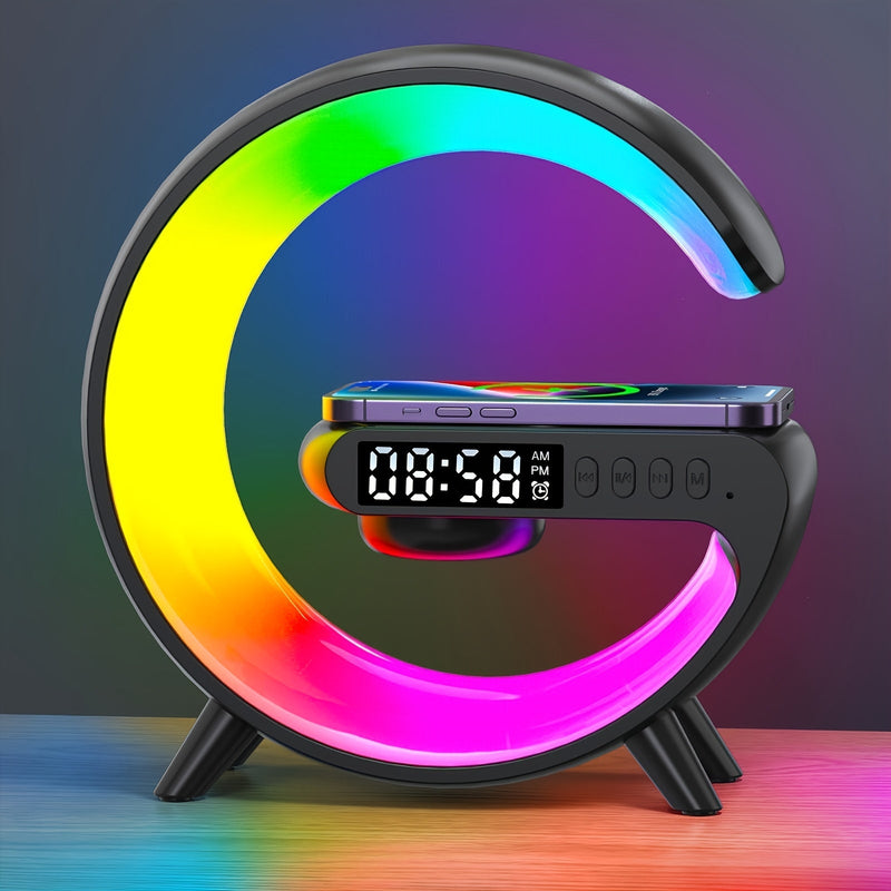 Smart Table Lamp with Wireless Charging, Bluetooth Speaker, Alarm Clock & Night Light Bedroom Atmosphere Lamp