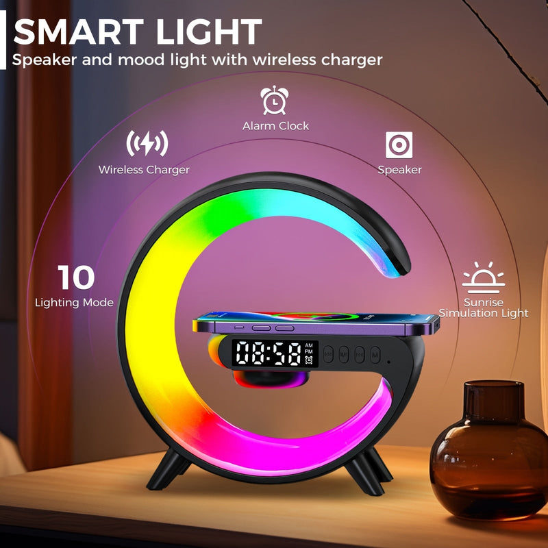 Smart Table Lamp with Wireless Charging, Bluetooth Speaker, Alarm Clock & Night Light Bedroom Atmosphere Lamp