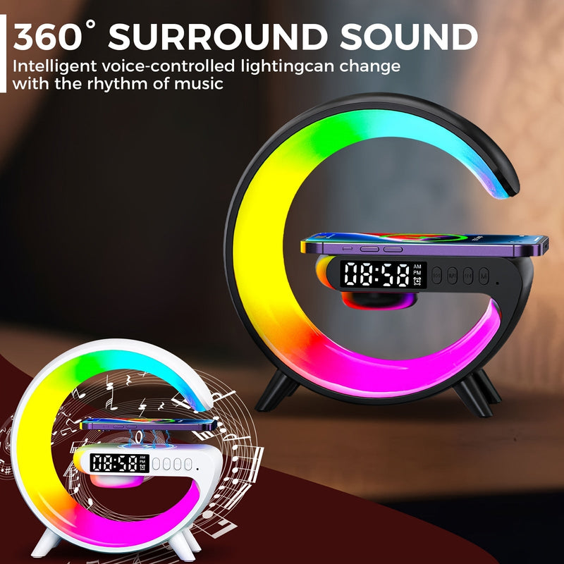 Smart Table Lamp with Wireless Charging, Bluetooth Speaker, Alarm Clock & Night Light Bedroom Atmosphere Lamp