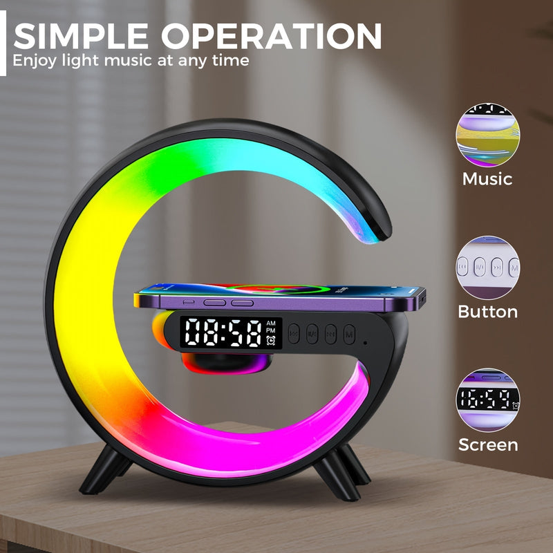 Smart Table Lamp with Wireless Charging, Bluetooth Speaker, Alarm Clock & Night Light Bedroom Atmosphere Lamp